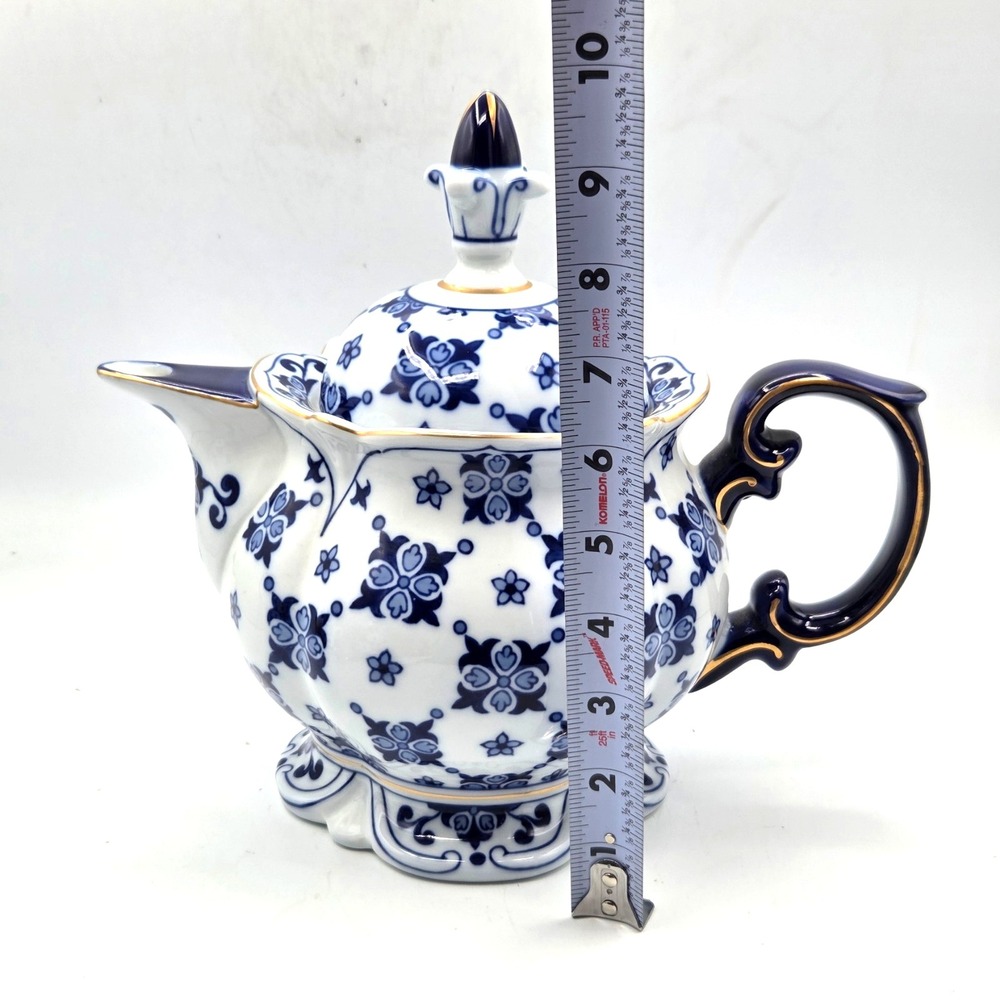 Bombay Summerhill Teapot Large Heavy Cobalt Blue & White Porcelain Gold Trim - Picture 5 of 10